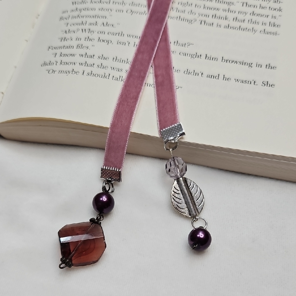 Handmade Rose Color Velvet Ribbon Purple Pink Beaded Bookmark Tassel Charms